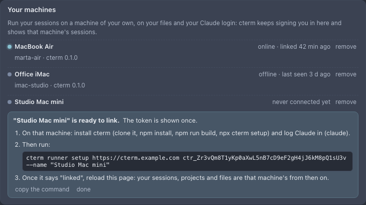 Your machines: one online, one offline, and a new machine's token shown once inside the command to run