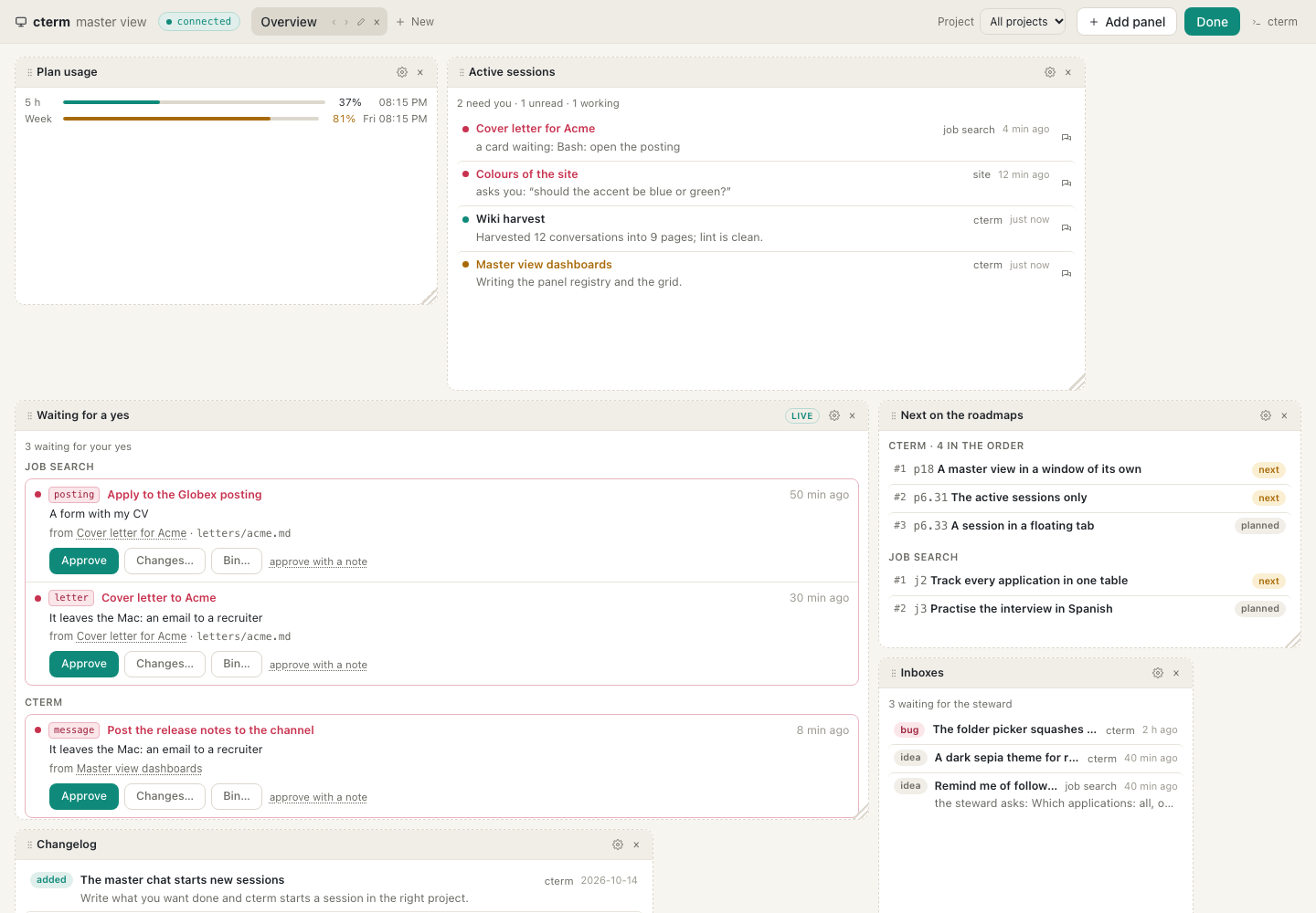 Editing a dashboard in the light theme: Add panel and Done in the head, each panel with its gear and ×, the resize corner, and the dashboard's tab with its move, rename and remove buttons.