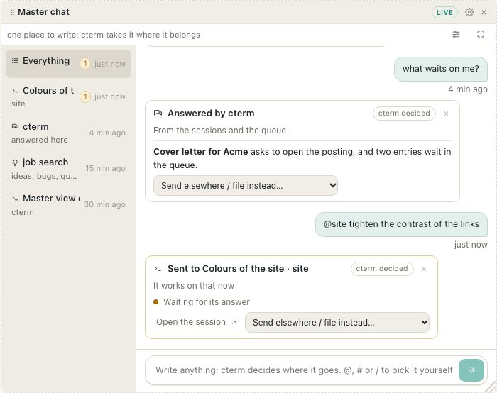 The Master chat panel while editing: the conversations on the left, an answered card, a message sent to a session with its card waiting, and the box.