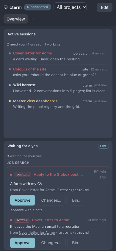 The master view on a phone: the dashboard tabs and project selector at the top, then Active sessions and Waiting for a yes one under the other.