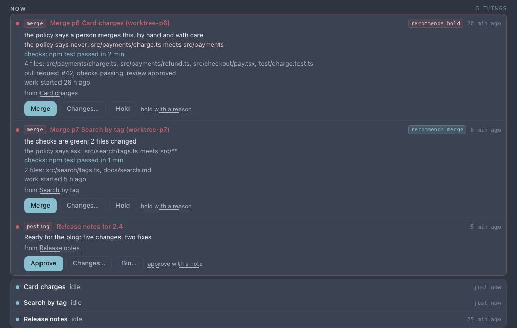 The merge queue on the project page in the dark theme: a branch touching payments recommended to hold, with the policy's reason, its green checks, its four files, its pull request and its age; a search branch recommended to merge; and an ordinary queue entry below with its own buttons.