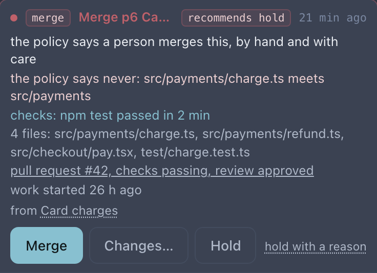 A merge entry on a phone: the recommendation, the evidence and Merge, Changes and Hold big enough for a thumb.