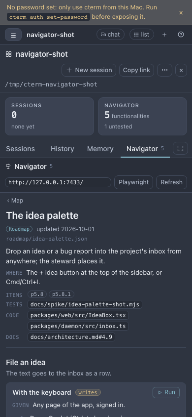 The Navigator tab on a phone: one functionality's entry, with ‹ Map to go back to the list.