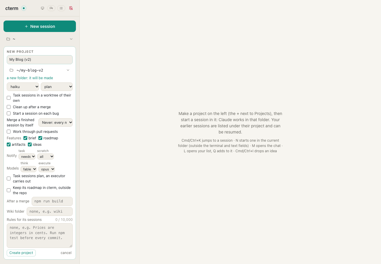 The New project form in the light theme: the name, a new folder that will be made, the model and mode, the switches, the features, notifications, models, the after-merge command, the wiki folder and the rules.
