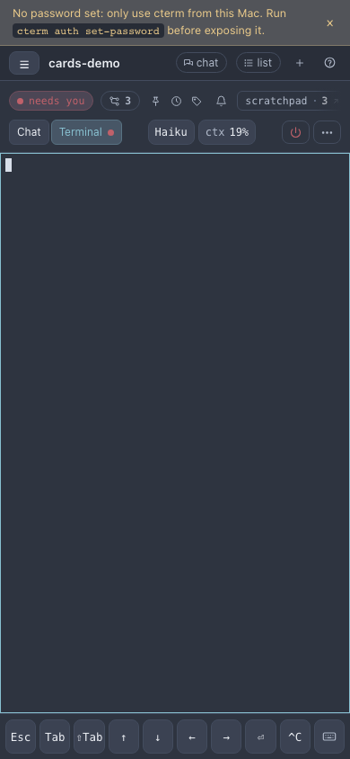 The terminal page on a phone, opened for a dialog, with the key bar under it and the dot on the Terminal tab.