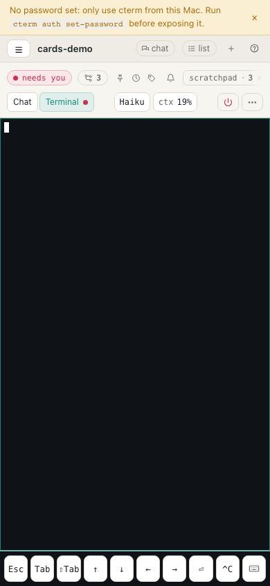 The terminal page on a phone, opened for a dialog, with the key bar under it and the dot on the Terminal tab.