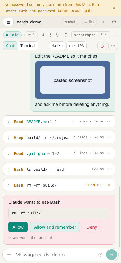 The same session on a phone, once a password is set and cterm is reachable from it: the Chat and Terminal tabs, the tool cards and a permission card.