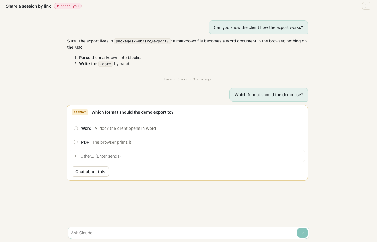 A driving link's page: the conversation, a question card the viewer can answer, and the prompt box.