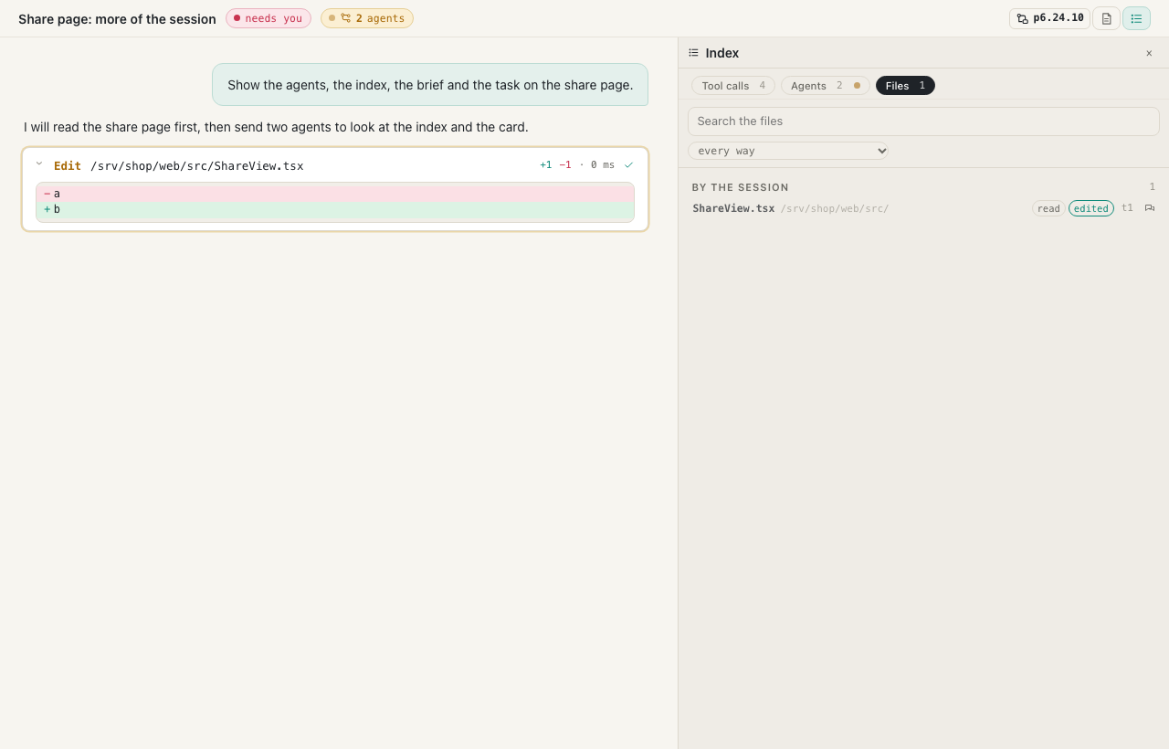 A link's page with the index open beside the chat: the agents chip in the head, Task, Brief and Index at its end, and the Files tab listing what the session read and edited.
