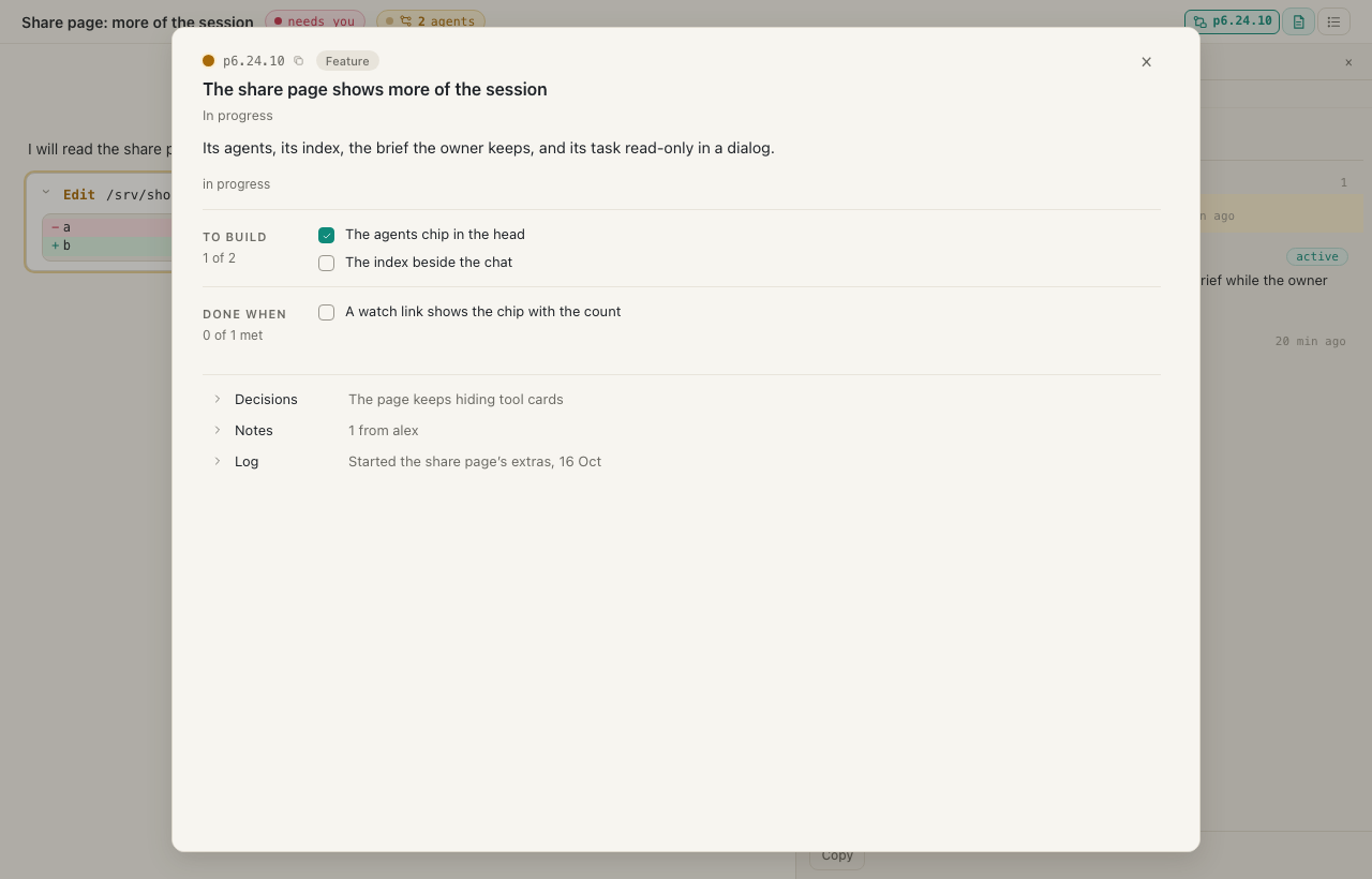 The task dialog on a link's page: the item's card alone, read-only, over the conversation.