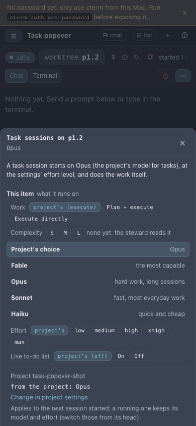 The task's model popover as a bottom sheet on a phone: Work, Complexity, the models, Effort and what the project gives.