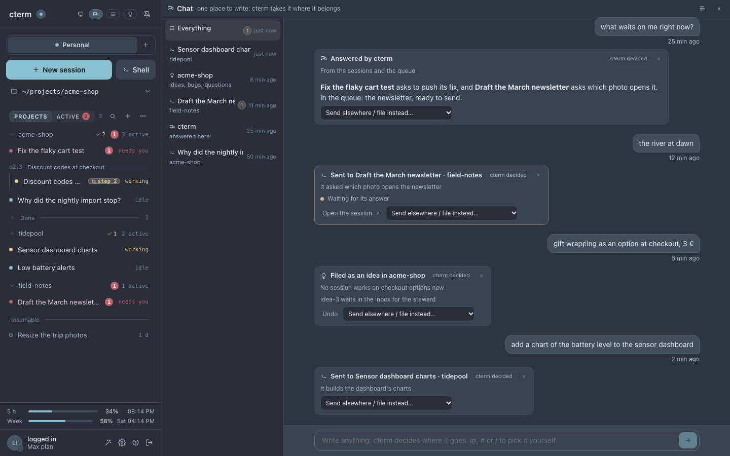 The master chat: each message with a card saying where it went, answered, waiting or filed.