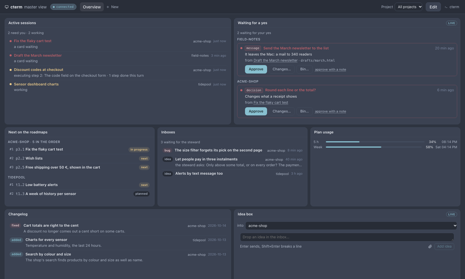 The master view's overview: active sessions, the queue waiting for a yes, the roadmaps' next items, the inboxes, usage and the changelog.